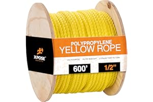 Yellow Twisted Polypropylene Rope - 1/2" Floating Poly Pro Cord 600 Ft - Resistant to Oil, Moisture, Marine Growth and Chemicals - Reduced Slip, Easy Knot, Flexible - by Xpose Safety