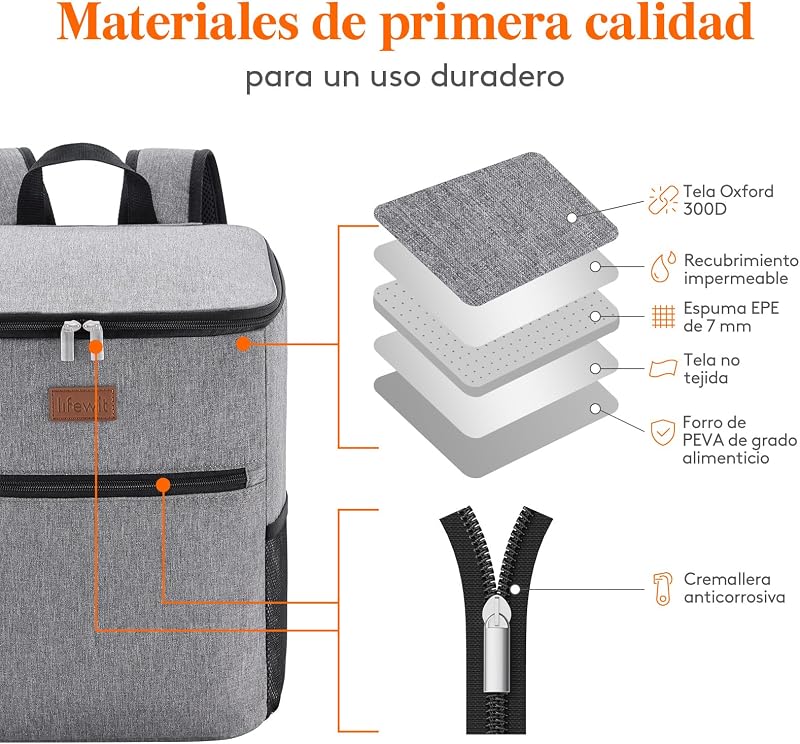 Mochila Nevera 24L (30 Latas), Mochilas Neveras Portatil Isotermica, Bolsa Termica Porta Alimentos Impermeable, Cooler Bag para Playa, Picnic, Camping, Viaje, Trabajo, Gris