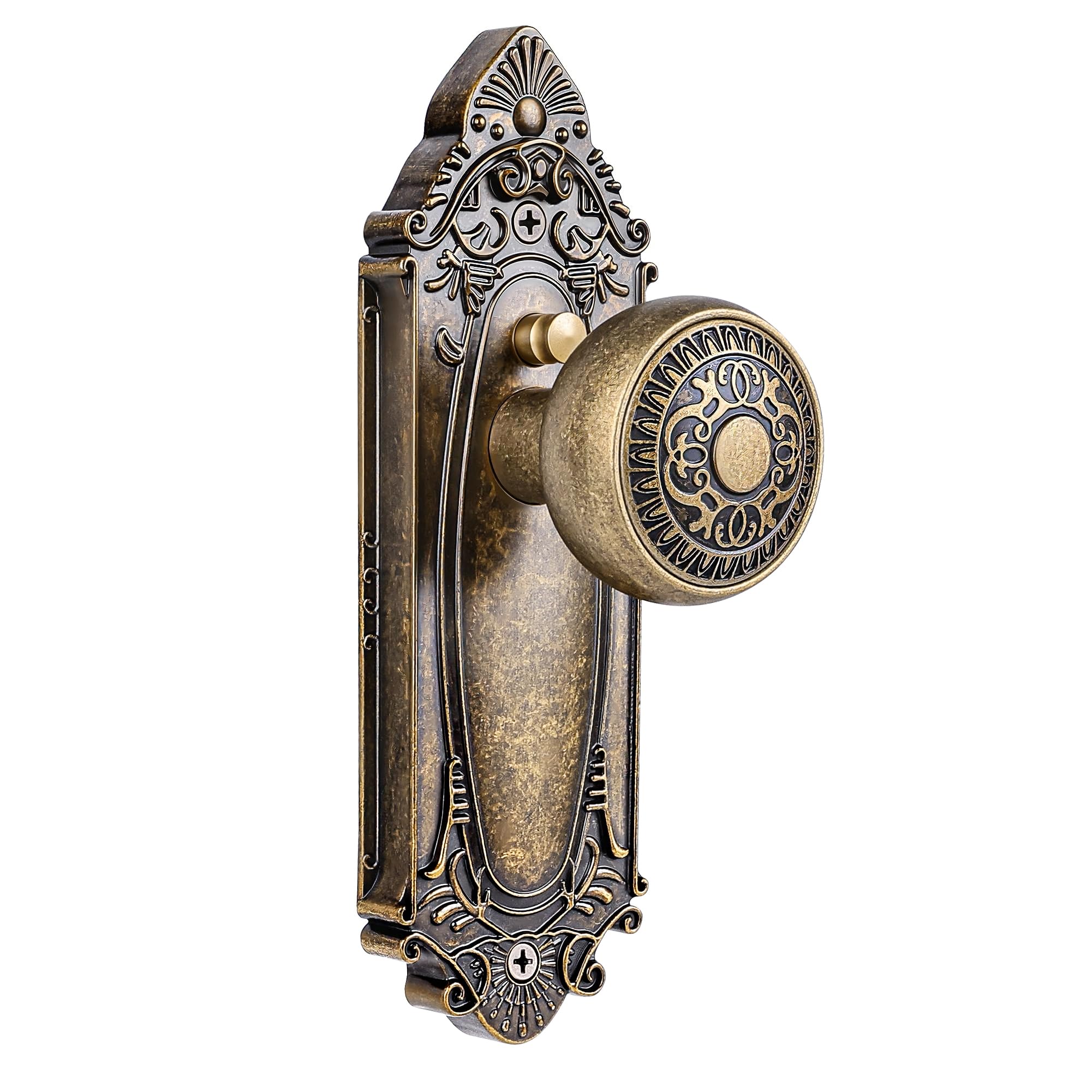 Photo 1 of CEYMIO Antique Brass Door Knob Privacy Bedroom Bathroom with Lock, Vintage Interior Door Handle with Plate for Hallway, Closet, Farmhouse Style(1 Pack)