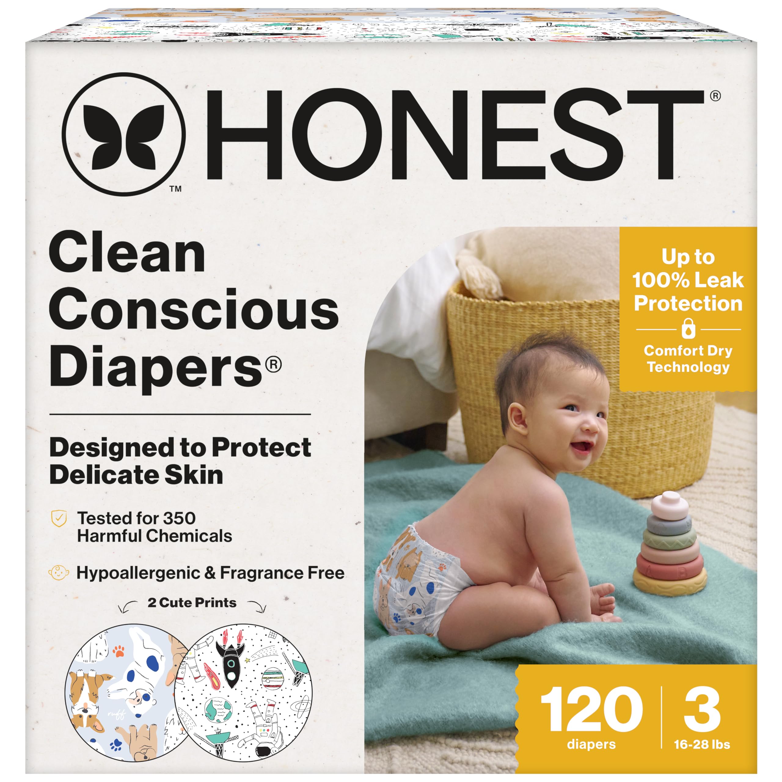 Photo 1 of The Honest Company Clean Conscious Diapers for Delicate Skin | Up to 100% Leakproof | Hypoallergenic, Fragrance Free | Gender Neutral | Super Club Box, Size 3 (16-28 lbs), 120 Count (Prints May Vary)