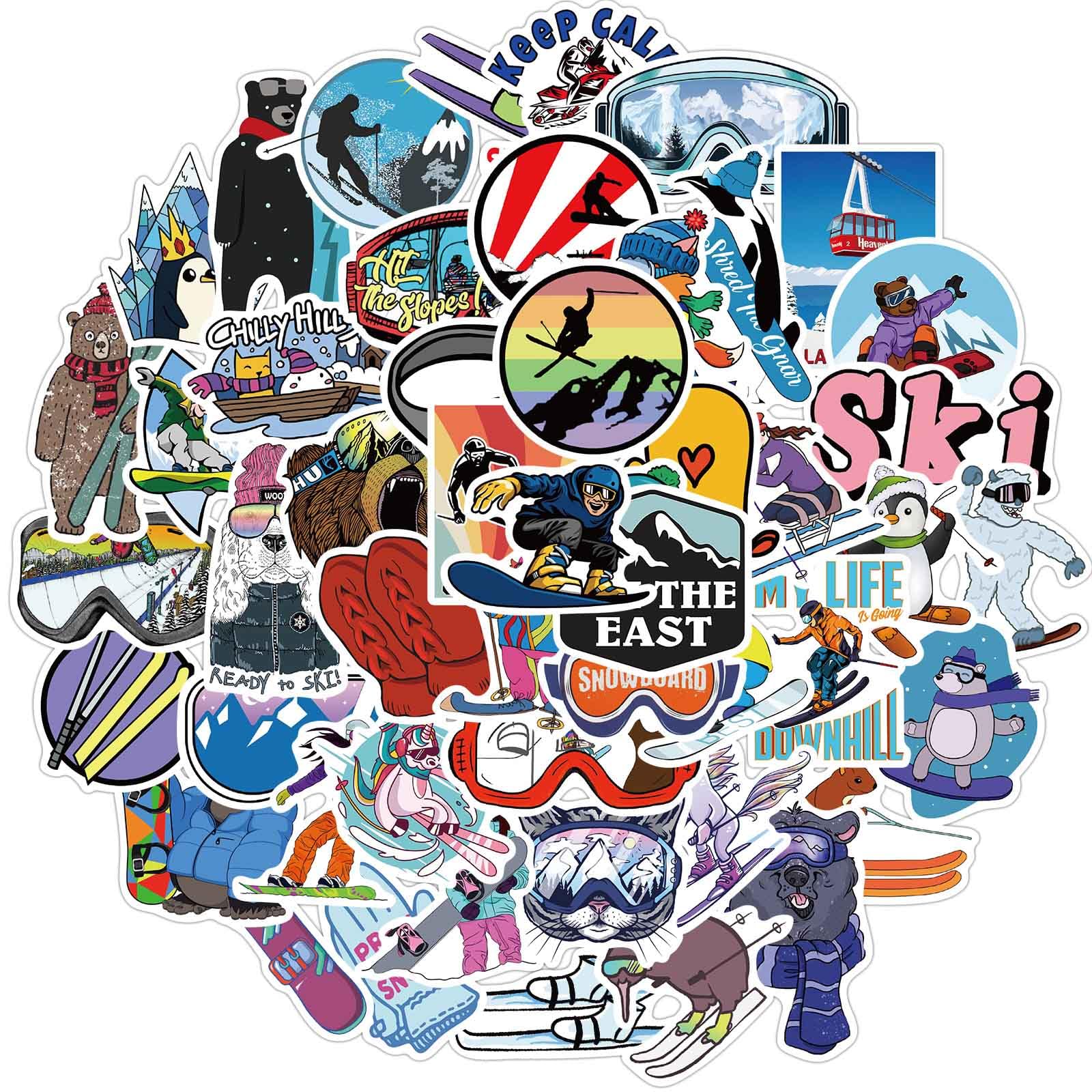 50PCS Cute Ski Stickers Pack, Cool Winter Skiing Stickers for Kids Teens Adults, Waterproof Ski Sticker for Water Bottles Scrapbook Journal Snowboard Helmet Luggage Party Favors(Skiing)