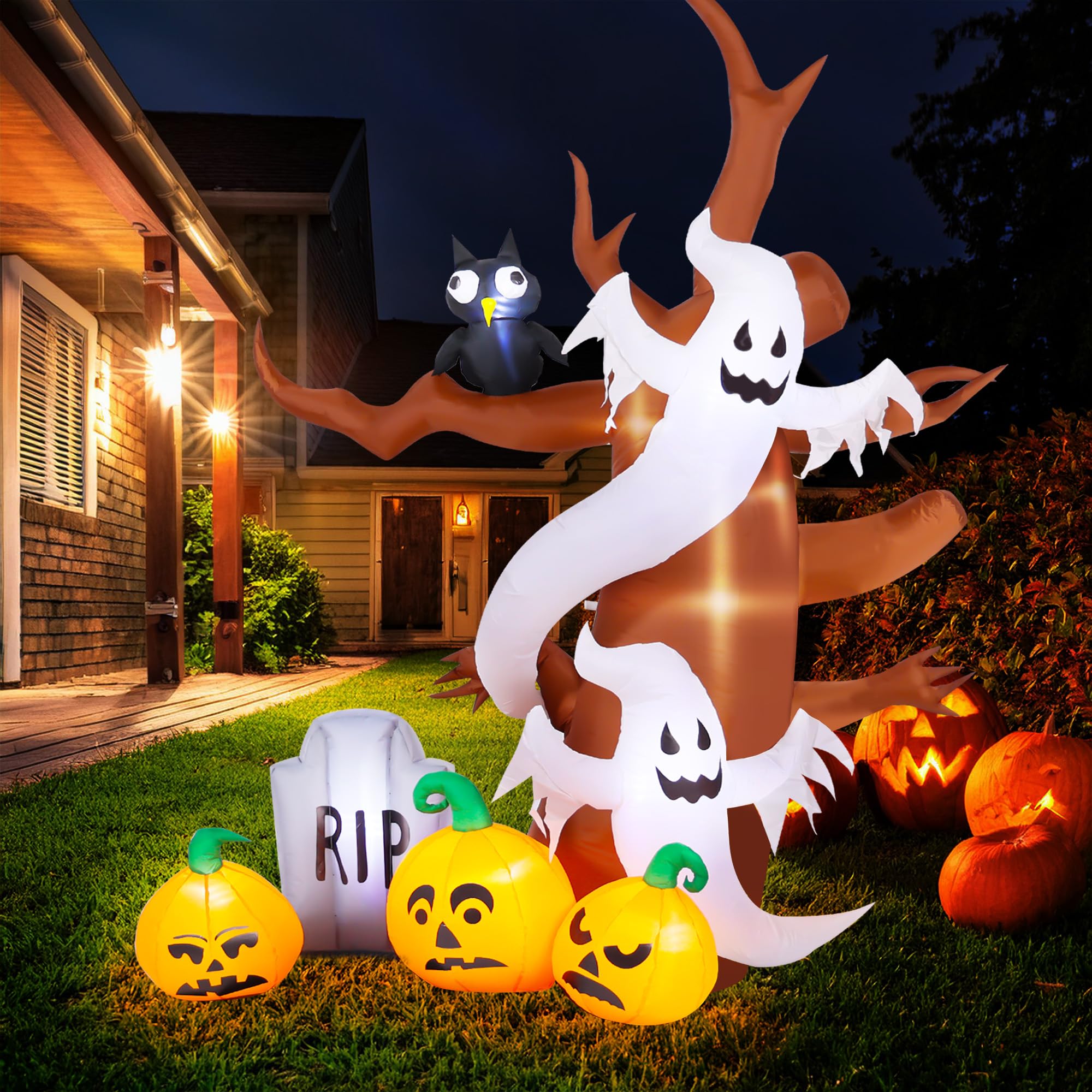 Photo 1 of 8 FT Halloween Inflatables Pumpkins Ghosts Tree Outdoor Decorations, Flying Ghosts Tree Giant Blow Ups with Build-in LED Lights, Funny Yard Garden Decoration for Halloween Party Indoor Outdoor