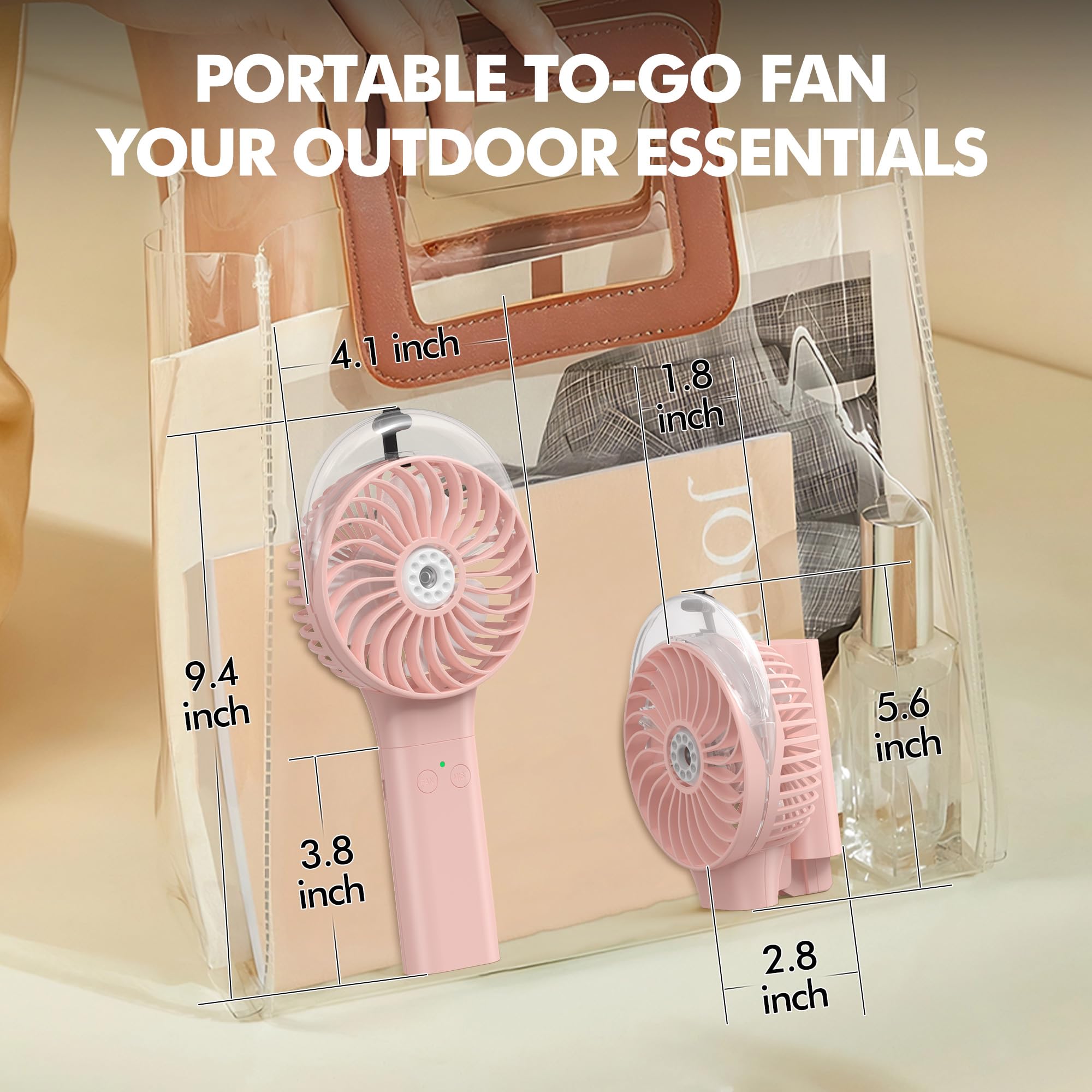 MORECORE Portable Misting Fan, 180° Foldable Handheld Personal Fan with Mist Spray, 3 Adjustable Wind Speeds, USB Rechargeable for Travel Outdoors Makeup Camping Home Office (Pink)