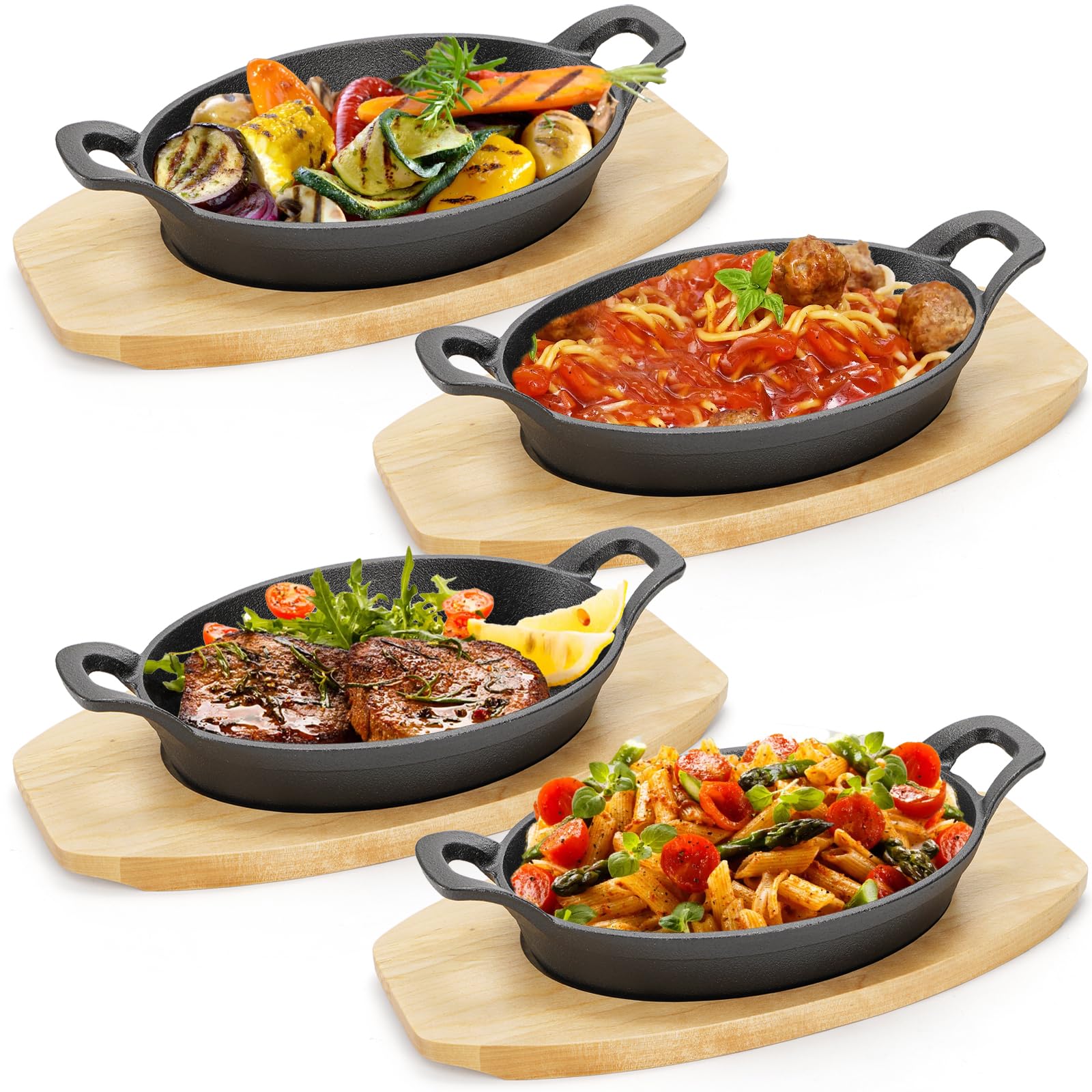 Photo 1 of Mezchi 4 Pack Mini Cast Iron Fajita Skillet Set, 8.5 x 6.1 Inch Sizzling Plate with Wooden Base, Small Oval Casserole Dishes, Cast Iron Pizza Baking Steak Pan for Stove, Oven, Grill