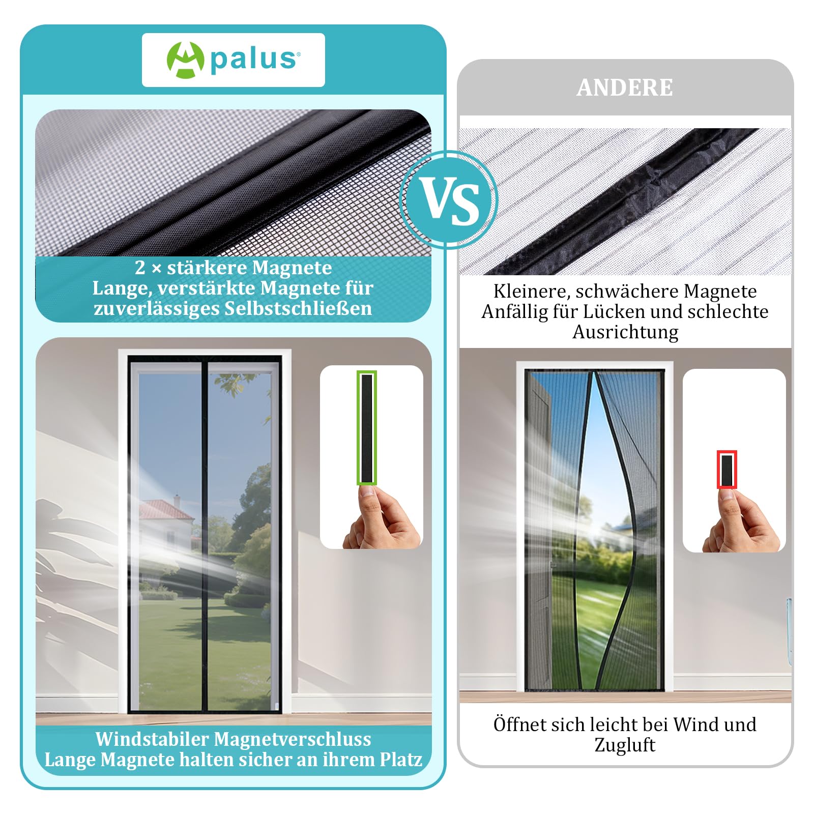 Apalus VP Fliegengitter Tür, Magnet Insektenschutz Balkontür 90x210 cm, 2 x Langlebiger als der Apalus Klassiker, Katzenkrallen Sicher, Stärkere Magneten, 3.8 cm Breites Klettband, Nicht Kürzbar 4