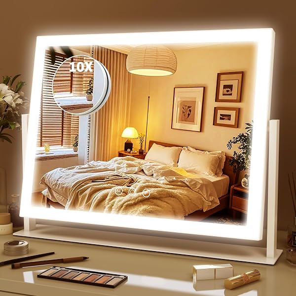 ROLOVE Lighted Makeup Mirror 16.3"x12.6", Hollywood Vanity Mirror with 10X Magnifier, 3 Color LED Lighting Modes, Smart Touch