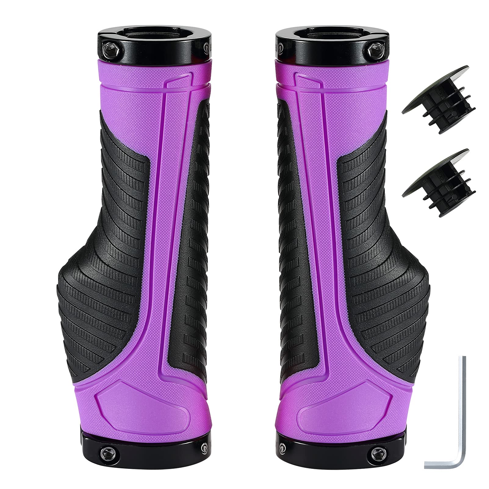 Boenoea Ergonomic Bicycle Grips with Aluminium Lock for MTB, BMX, MTB, Folding Bike, Length 130 mm, Weight Approx. 163 g, Non-Slip, Shockproof, Rubber TPR, Purple, Black