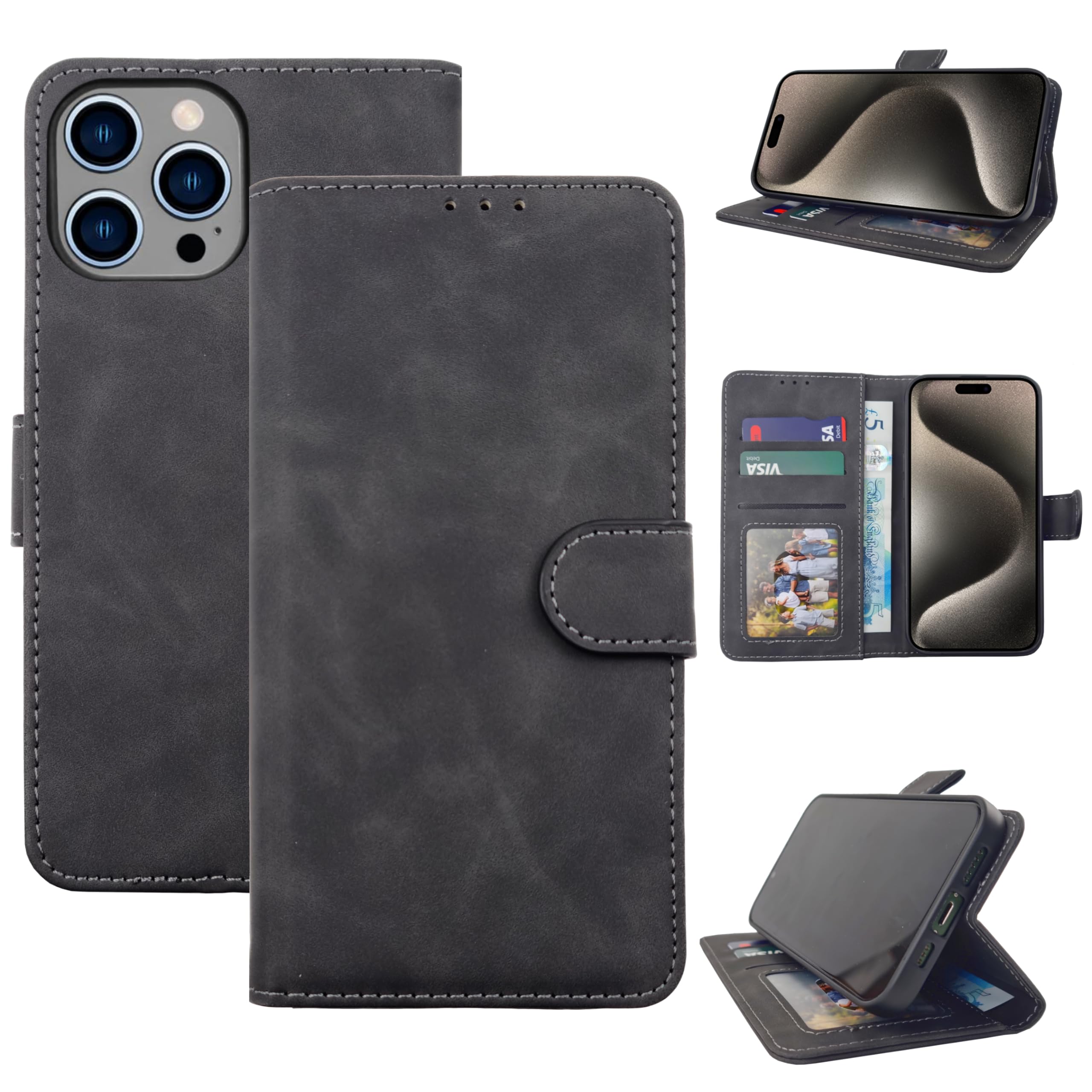 EKAM Case for iPhone 15 Pro (6.1") 2023, Premium PU Leather Wallet Flip Phone Cover With [RFID Blocking][Card Holder][Shockproof TPU][Stand Function] Book Style Case for iPhone 15 Pro (Black)