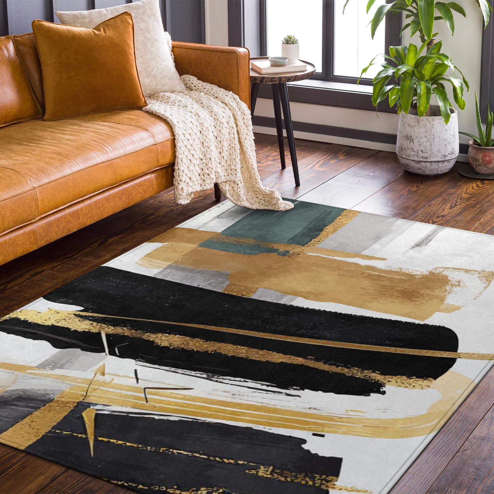 Photo 1 of Amorettise Modern Abstract Area Rug - 5' x 7' Black Gold Foil Artwork Area Rug, Non-Slip & Easy Care, Soft Art Rug Floor Carpet Ideal for High Traffic Areas in Living Room, Bedroom