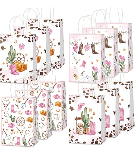 Mooliwe 16pc Western Cowboy Boot Gift Bags – Kraft Paper Party Favor Bags With Cow Pattern, 8.3x4.7x3 Inch (Pink, Wild West Theme)