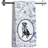Nipil Chinoiserie Grandmillennial Botanical Black Labrador Retriever Dog Bathroom Gifts Kitchen Decor Towels, Blue and White Floral Black Lab Decorative Dish Towels, 16x24 Inch