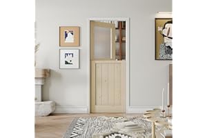 SOLRIG Interior Dutch Door, 32" x 80", Half Frosted Glass Split Single Door Slab, Modern Style Farmhouse Closet Door, Natural Pine Wood(Not Include Door Hinges)