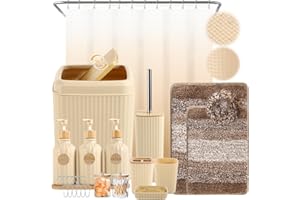 XLHOMO 32PCS Bathroom Sets with Shower Curtain and Rugs Beige Bathroom Accessories Set Shower Curtain Set 3PCS Lotion Soap Dispenser Bathroom Accessories with Black Bathroom Decor