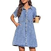 KDF Denim Dress for Women with Pockets Short Sleeve Babydoll Denim Shirt Dresses for Women 2025