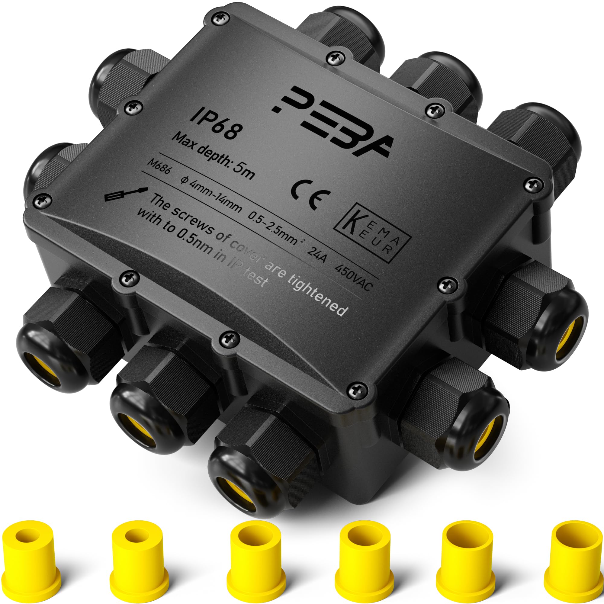 PEBA® IP68 Waterproof Junction Box, Outdoor Cable Connector - 10-Way Extension Electrical Cable Protector for Ø4mm-14mm Black