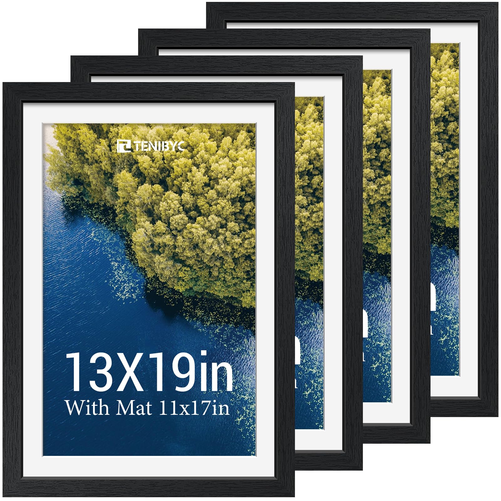 Photo 1 of 13x19 Picture Frame Set - 4 Pack, Black Solid Wood Photo Frames - Tempered Glass - Displays Photos 11x17 with Mat or 13 x 19 without - Room, Office, Gallery, Studio, and Hallway Decor - Wall Hanging