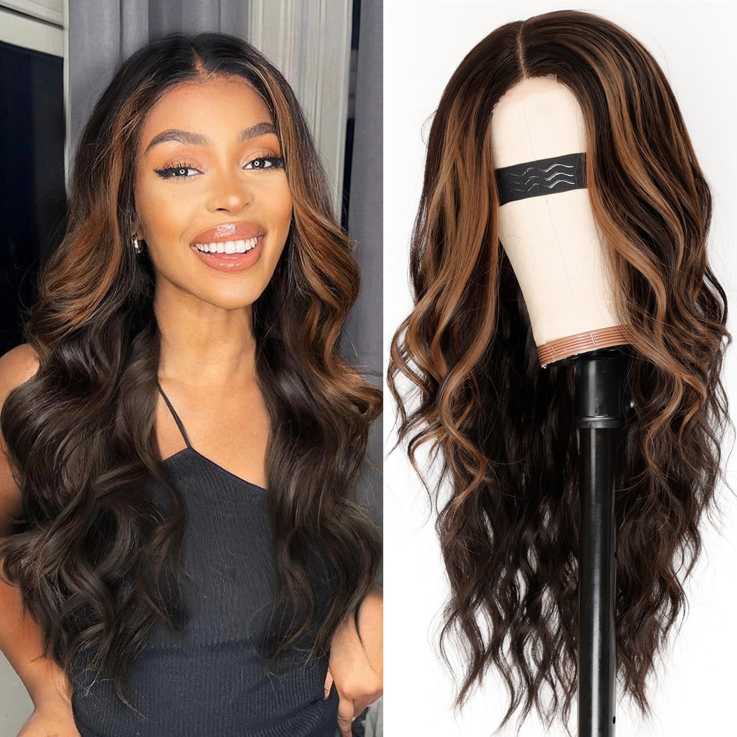 Photo 1 of AISI HAIR Dark Brown with Highlights Wig for Women, Long Wavy Lace Hairline Middle Part Synthetic Heat Resistant Wig for Daily Party-26 Inch