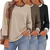 Sweetyweee 3 Pack Women's Long Sleeve Shirts Crewneck Color Block Ribbed Trim Tunic Tops Casual Fall Basic Tee Layer