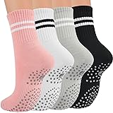 Toes Home Pilates Socks for Women with Non Slip Grippers, Yoga Crew Socks for Barre Hospital Sticky Slipper Socks 4 Pairs