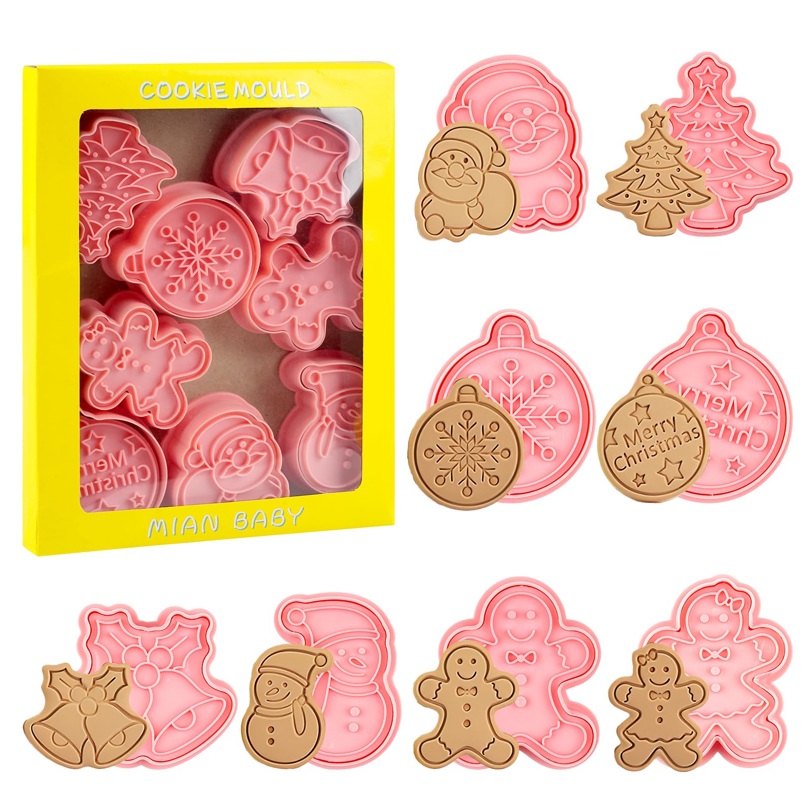 Christmas Cookie Cutter, 8 Pcs Christmas Biscuit Cutters, 3D Christmas Cookie Stamp- Gingerbread Man, Bells, Snowman, Merry Christmas, Snowflake, Christmas Tree, Santa for Cookie Baking
