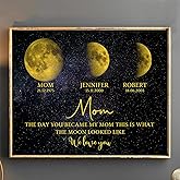 Personalized Moon Phase Prints by Birth Date, Mother's Day Gifts for Mom or Grandma, Birthday Gift, The Day You Became My Mom Canvas, Personalized Family Birth Moon Phase Wall Art, Christmas Gifts