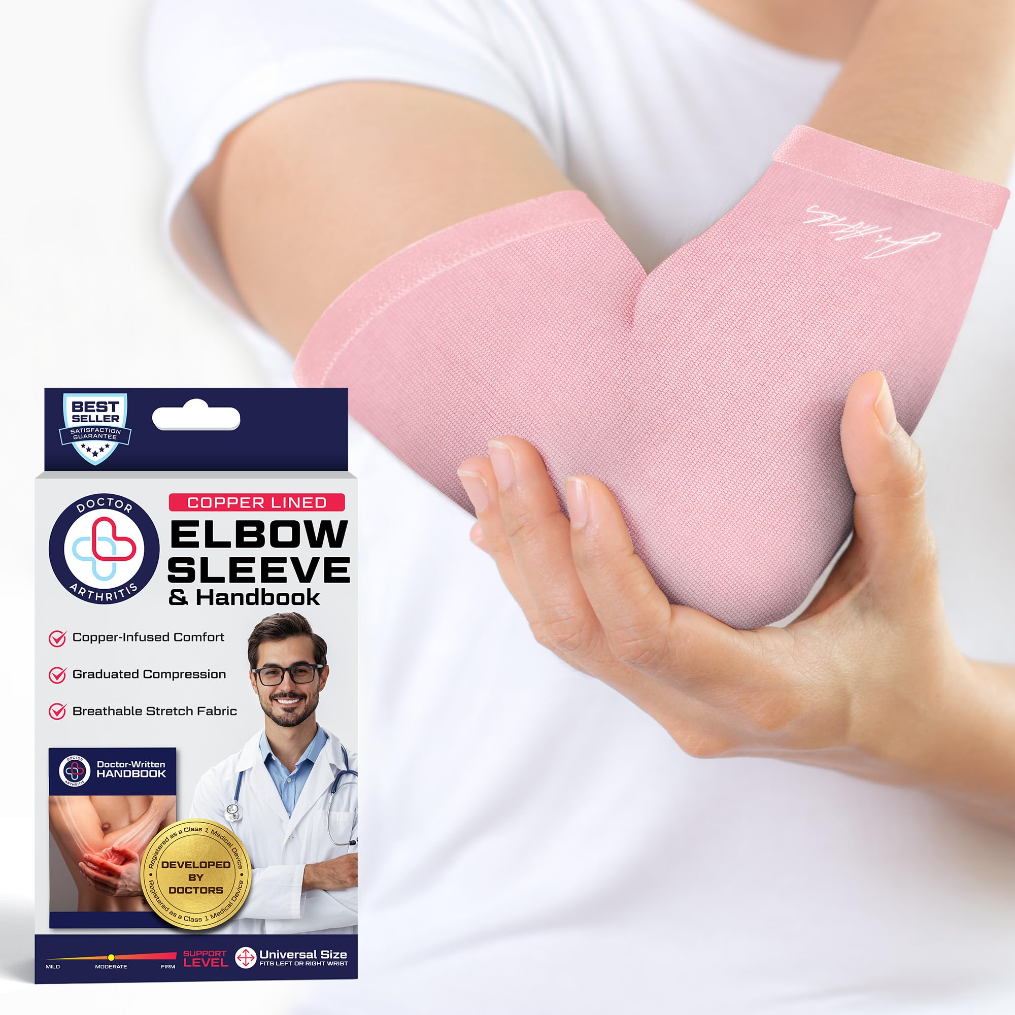 Dr.Arthritis Doctor Developed ladies pink elbow compression sleeve and & Doctor Handbook - relief from tennis withgolfers elbow (pink, small)