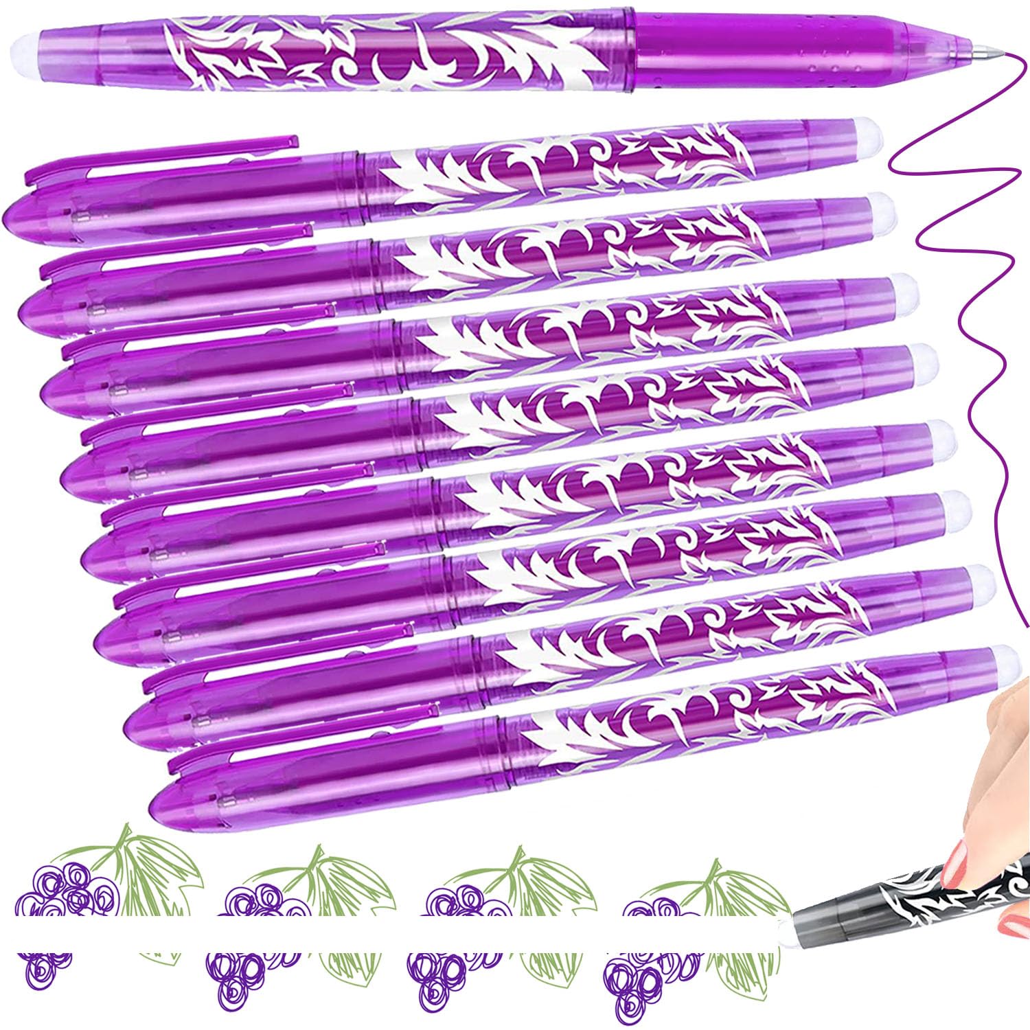 Artbiu 8 Erasable Pens Purple Pen, Rub Out Pens Purple Ink Eraser Pen, Erasable Gel Biro with Rubbers on the End for Writing