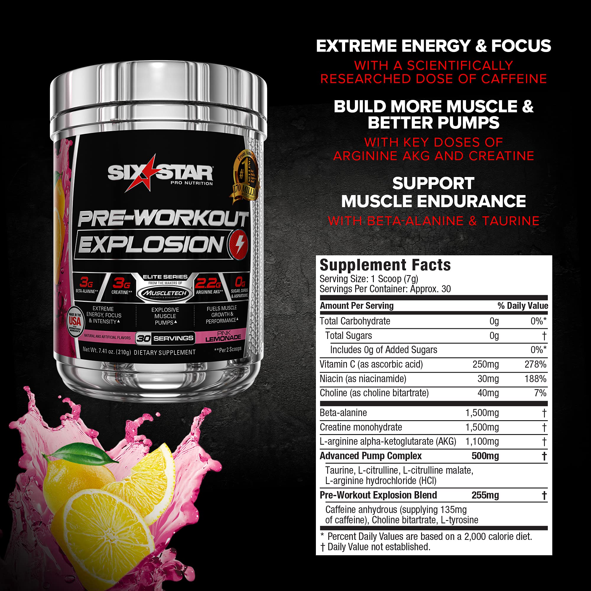 Six Star Pre Workout PreWorkout Explosion | Pre Workout Powder for Men & Women | PreWorkout Energy Powder Drink Mix | Sports Nutrition Pre-Workout Products | Pink Lemonade (30 Servings)