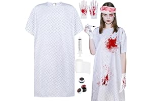 MJOGGOTT 7 Pcs Halloween Patient Gowns Costume Includes Unisex Hospital Gown Blood Gauze Fake Blood Ointment Syringe Glove Bloody Patient Scary Gowns for Men Women Halloween Cosplay Party