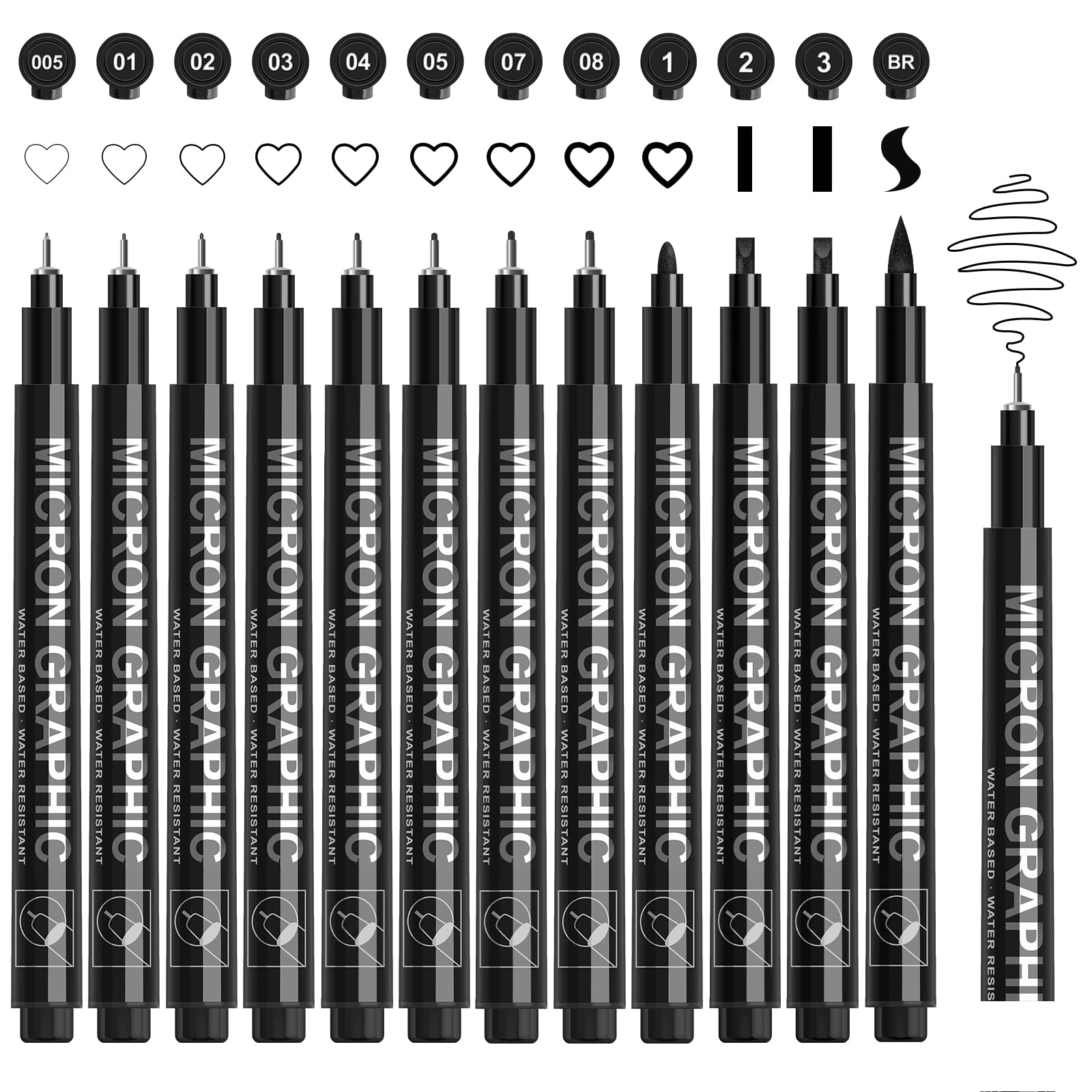 SAKEYR Black Fineliner Pens 12 Pack, 0.05-3.0mm Nibs + Brush Tip, Waterproof Archival Pigment Ink, No Bleed Quick Dry Micro Liner for Technical Drawing Sketching Illustration Manga Bullet Journaling