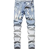 MXCVYCC Men's Ripped Straight Leg Jeans, Black, Slim Fit, Regular Length, Distressed Design