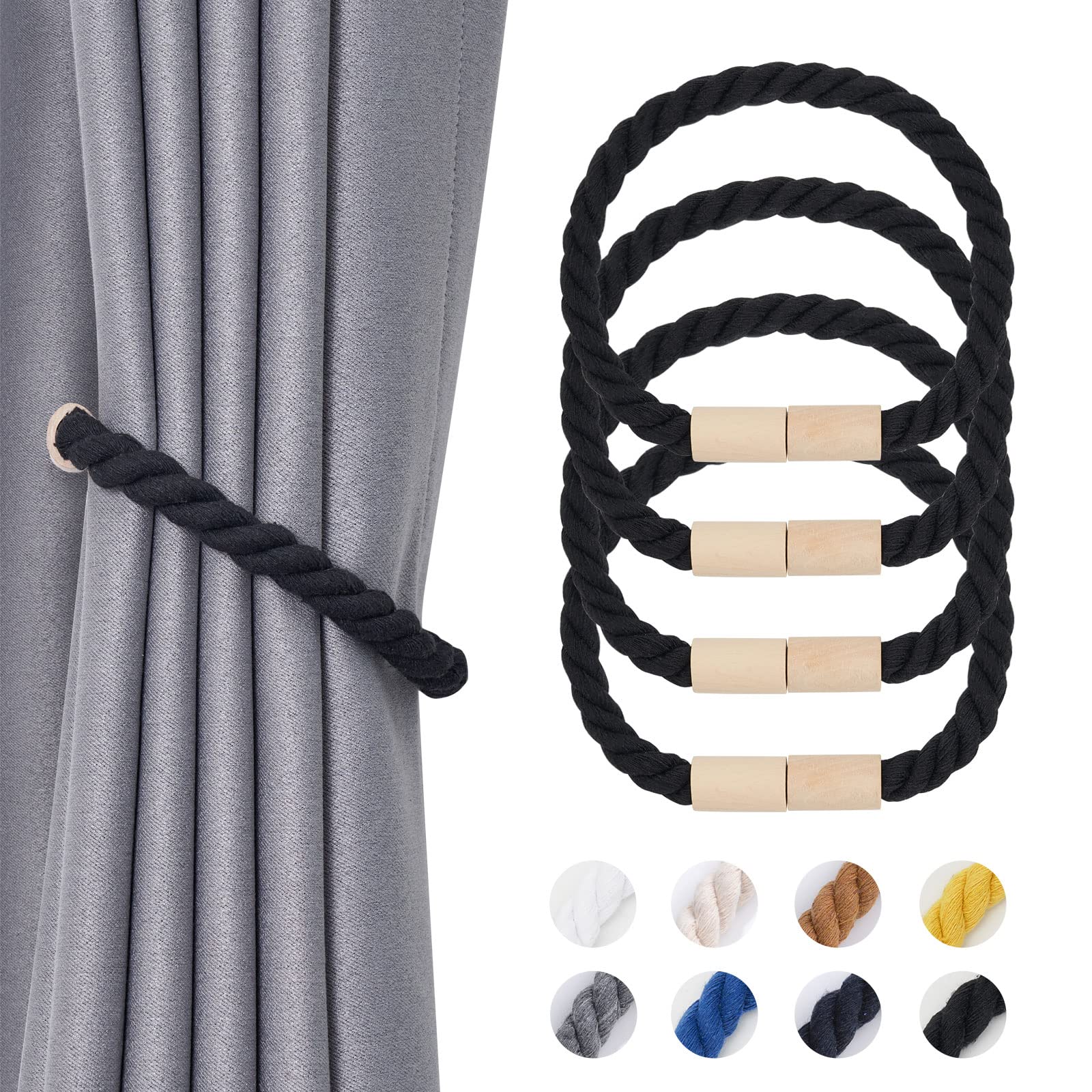 Pretty Jolly 4 Pack Wooden Magnetic Curtain Tiebacks Boho Home Decoration Drape Tie Backs Natural Cotton Handmade Rope Curtain Holdbacks for Thin or Thick Home & Office Window Drapery (Black)