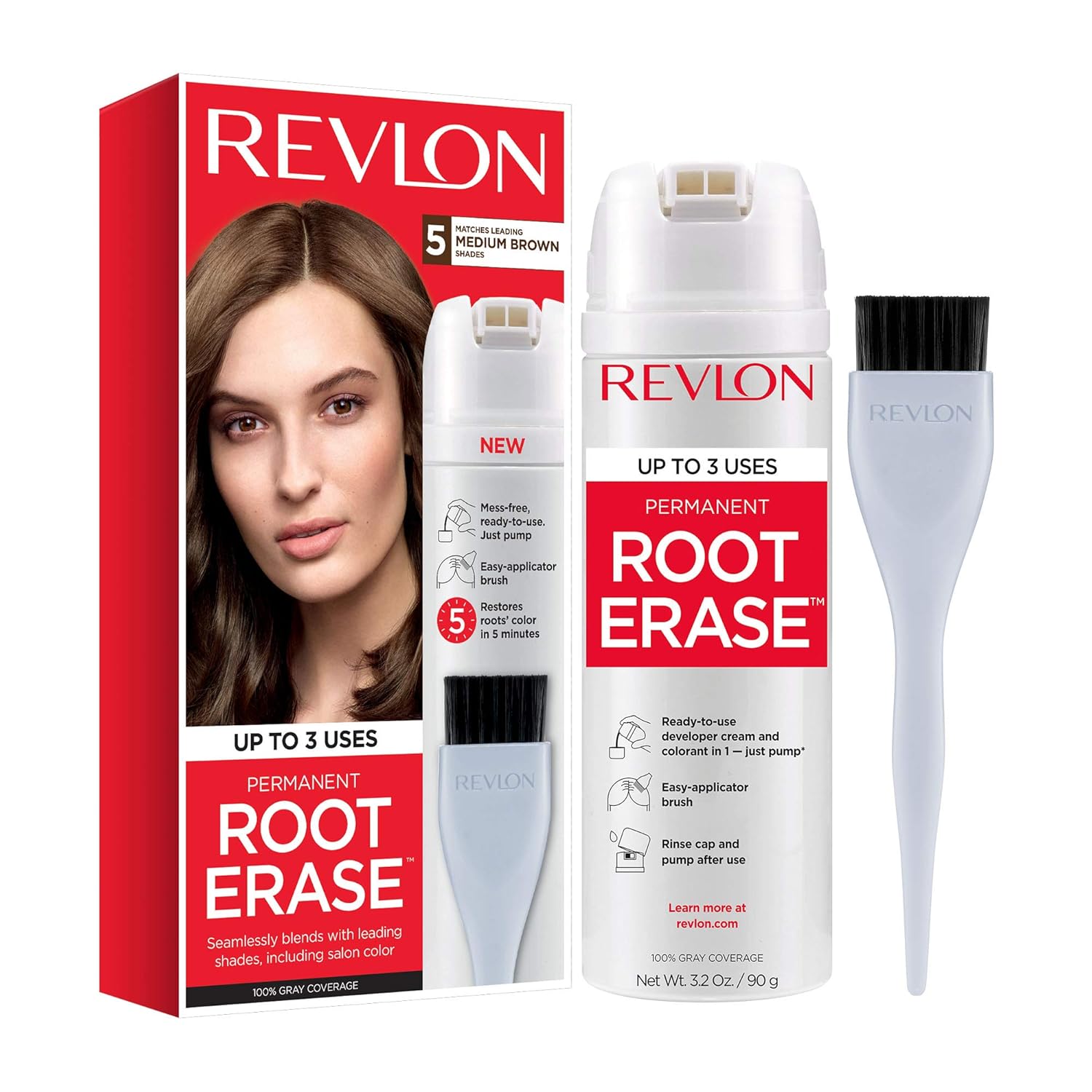 Revlon Root Erase Permanent Hair Color, At-Home Root Touchup Hair Dye with Applicator Brush for Multiple Use, 100% Gray Coverage, Medium Brown (5), 3.2 oz: Beauty