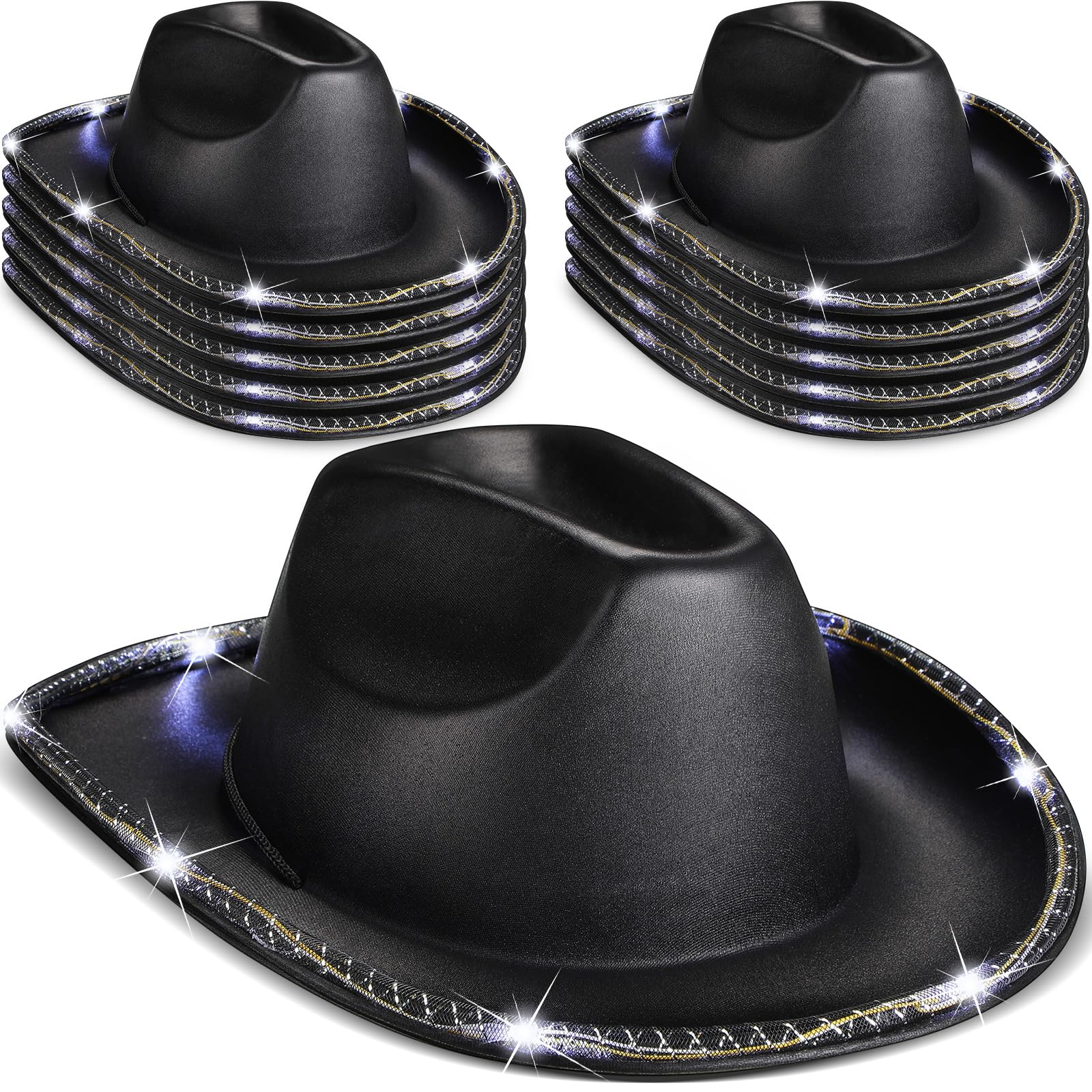 Photo 1 of Kigeli Cowboy Hat, 10 Pcs Lights LED Flashing Hat for Western Role Play, One Size Fits Most Adults and Kids, Black, Metallic