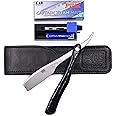 Kai Kasho Captain Japanese Professional Folding Straight Edge Barbering Razor with Leather Case - 20 Kai Captain Titan Blades Included - Also Compatible with Feather Artist Club Blades