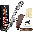 Custom Hand Forged Damascus Steel Blank Blade Diy Knife Making Kit Including Wooden Scale, Leather sheath, Pin, Damascus Blade Billet Knife Making Supply (BK-H)