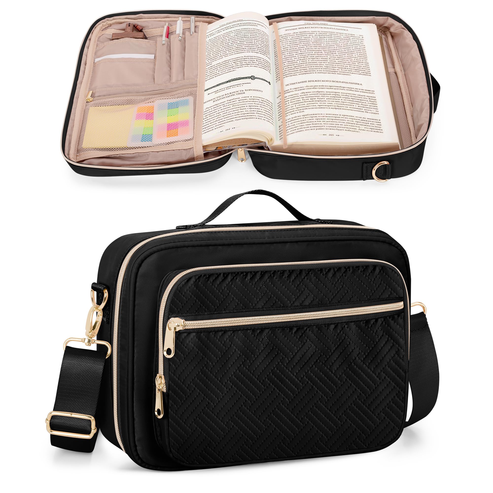 Prokva Bible Cover Case for Women, Large Church Bag with Strap, Carrying Case Book Protector with Handle, Black (Empty Bag Only)