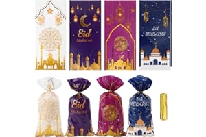 PSXUIE Ramadan Treat Bags, 120 PCS Ramadan Goodie Bags, Eid Mubarak Gift Bag, Plastic Eid Mubarak Candy Cookie Snack Treat Bag with Twist Ties Gifts for Islam Muslim Ramadan Party Decorations Favor Supplies