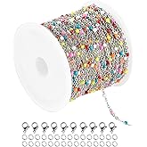 UMAOKANG 33 Feet/10M Silver Jewelry Chains Soldered 304 Colorful Beaded Stainless Steel Link Cable Chain Necklace Bulk for Jewelry Making with 10 Lobster Clasps and 30 Jump Rings