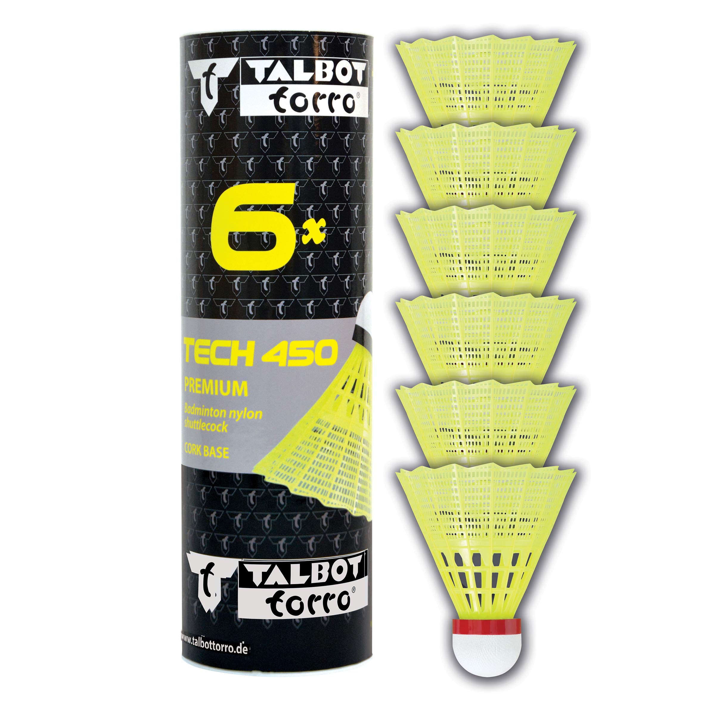 Talbot-Torro Badminton Shuttlecocks Tech 450, 6 Pieces, Yellow, Speed: Red/Fast, in Premium Nylon, 469083