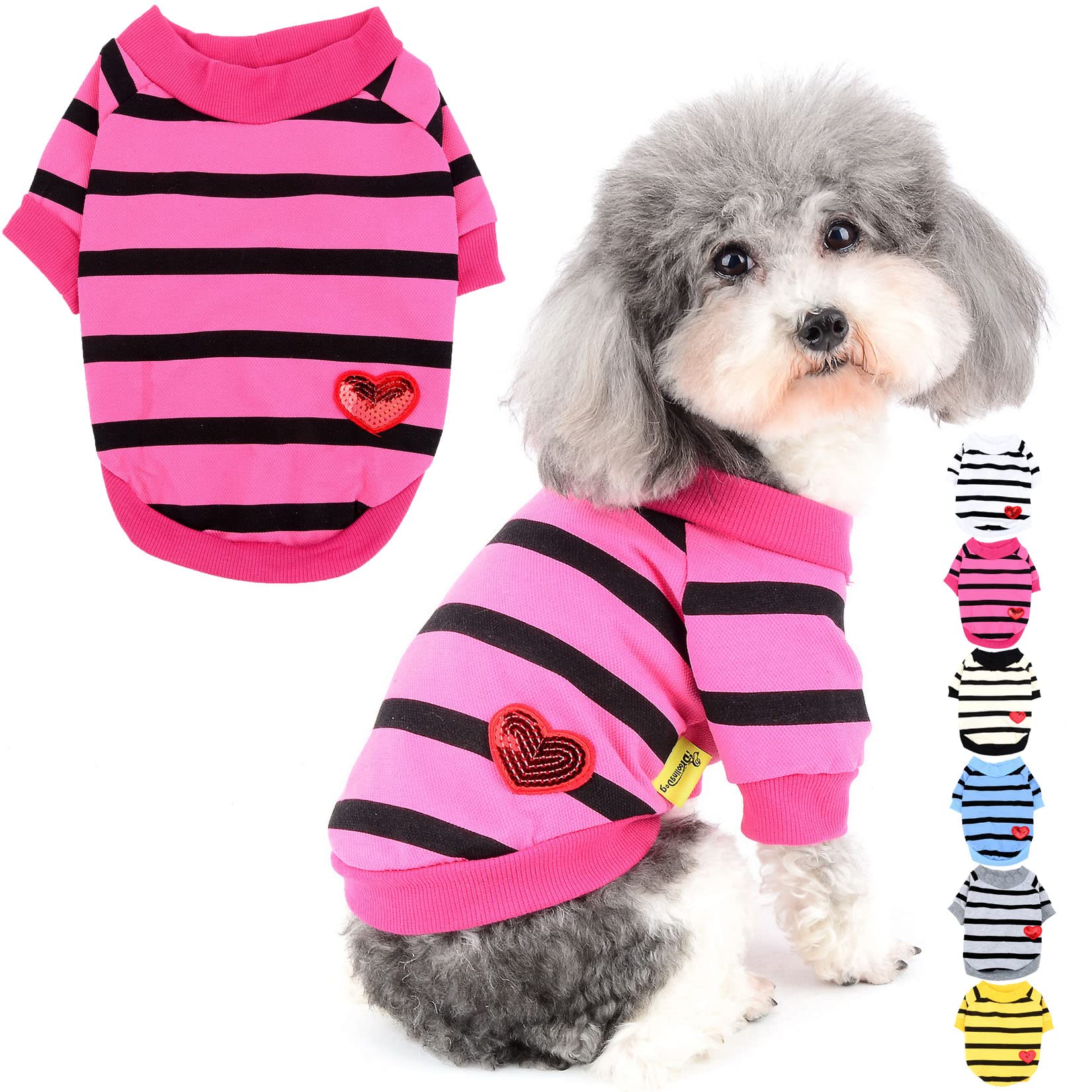 Zunea Dog Shirts for Small Dogs Summer Basic T-Shirt Striped Puppy Clothes Sequins Love Heart Sweatshirt Soft Cotton Short Sleeve Tee Shirt Pet Clothing Pullover Chihuahua Apparel Pink L