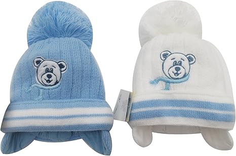 blue and white bobble hat