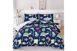 RYNGHIPY Kids Bedding Set for Twin Bed Reversible Ocean Animals Print Comforter Set for Boys Girls Easy-Wash Super Soft Microfiber Bed Set (Navy Ocean,Twin)