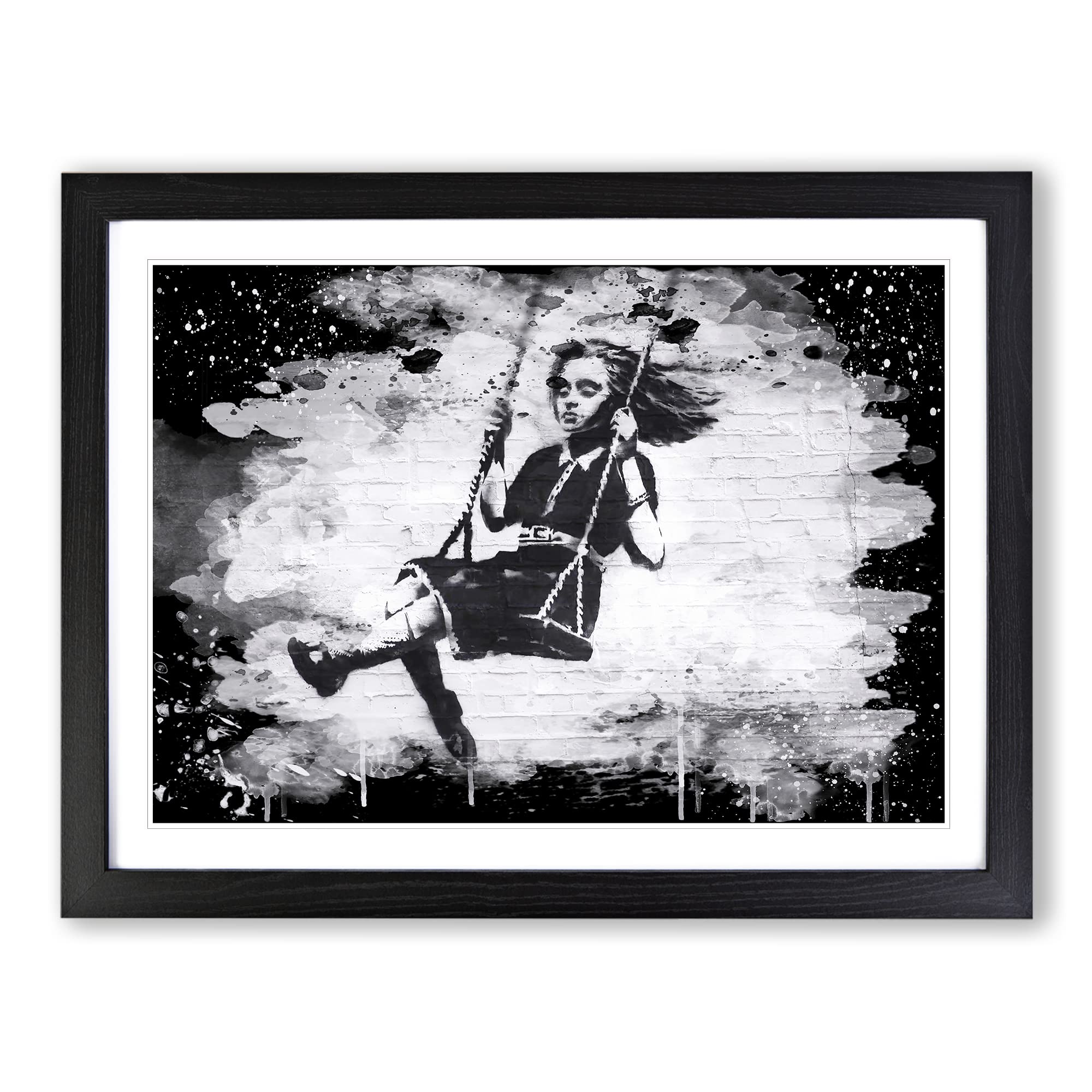 Banksy Girl on Swing Graffiti Wall Art Modern CB Framed Print | A4 Black Framed Wall Art | Ready to Hang | Eclectic Nature Picture | Living Room Bedroom Lounge Office
