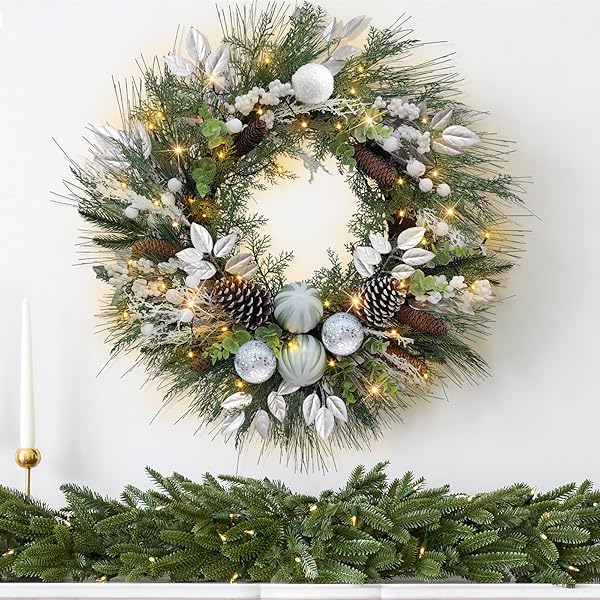 CHRISTMAS LIGHTED WREATH FOR FRONT DOOR, 28 INCHES...