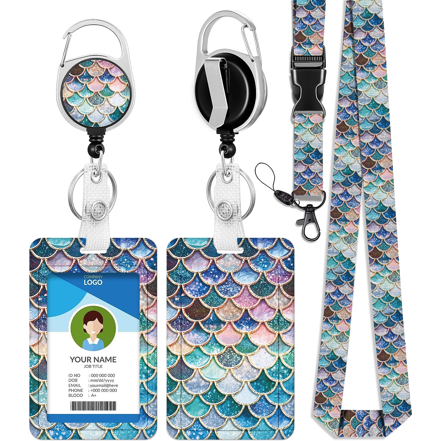 bolimoss Mermaid Lanyard with Card Holder, Plastic ID Card Holder with Breakaway Lanyard Retractable Reel Carabiner Clip, Keyring Badge Holders and Neck Strap for Keys Badge