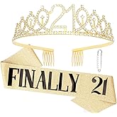 CAVETEE Gold 21st Birthday Sash and Crown Set - Queen Tiara and Sash for Women's Birthday Decorations