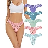 voenxe Seamless Thong for Women,No Show Lace Underwear,Ladies Cotton Blend Breathable Panties,Comfort Soft Undie,Tanga,5-Pack