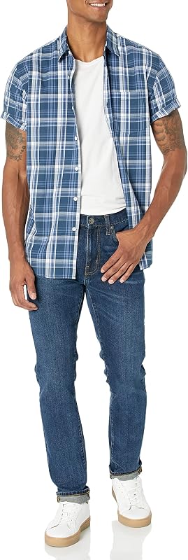 Camisa Informal de Popelina de Manga Corta Hombre, Azul Marino Cuadros Medio, M