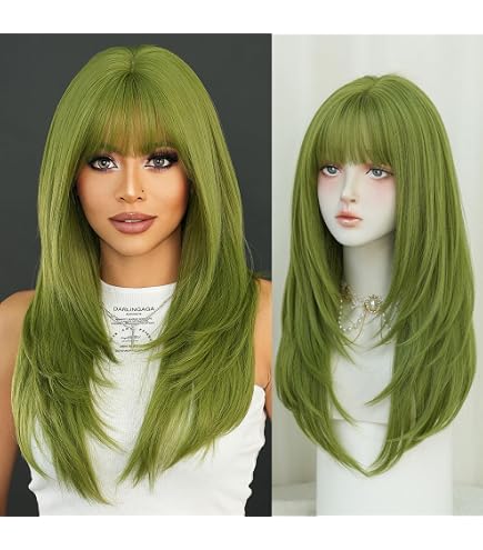 Long Straight Layered Wig with Bangs for Women 26 Inch Heat Resistant Synthetic Amazon.com : NOVFLKW Highlight Long Straight Layered Wig  main image 4